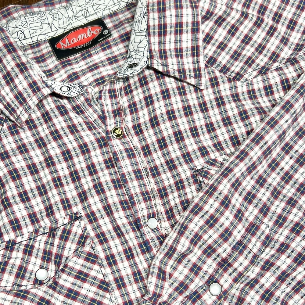 Mambo Mens Size XL Plaid Western Snap Shirt‎ Red Blue White Cotton Pearl Snap
